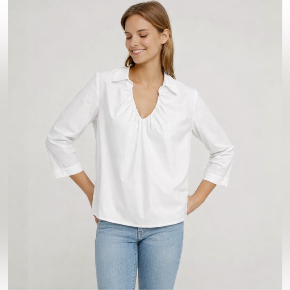 Harshman White Cotton Popover Blouse Gathered Neck Tunic NWT 1X